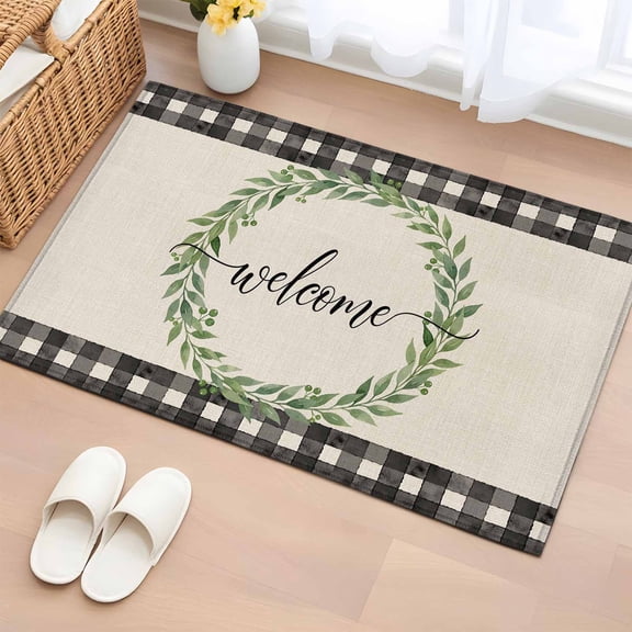 Rectangle Area Rug 2x3ft, Farm Watercolor Green Leaves Non-Slip Non-Shedding Floor Mat, Welcome Text Linen Black Plaid Washable Sturdy Carpet for Living Room Bedroom Home Decor