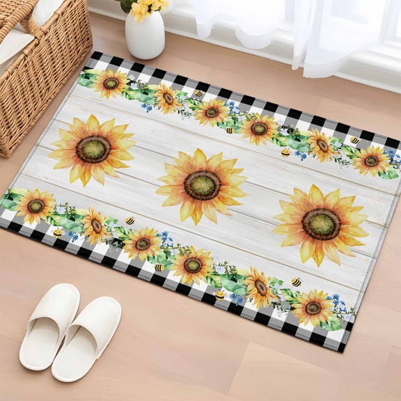 Rectangle Area Rug 2x3ft,Farm Watercolor Sunflower on Wood Board Washable Carpet Non-Slip Runner Accent Rugs Indoor Floor Mat for Bedroom Living Room Decor,Rustic Buffalo Plaid Border