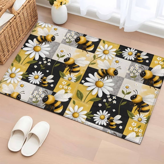 Rectangle Area Rug 2x3ft, Farm White Daisy Bees Non-Slip Non-Shedding Floor Mat, Yellow Black Plaid Background Washable Sturdy Carpet for Living Room Bedroom Home Decor