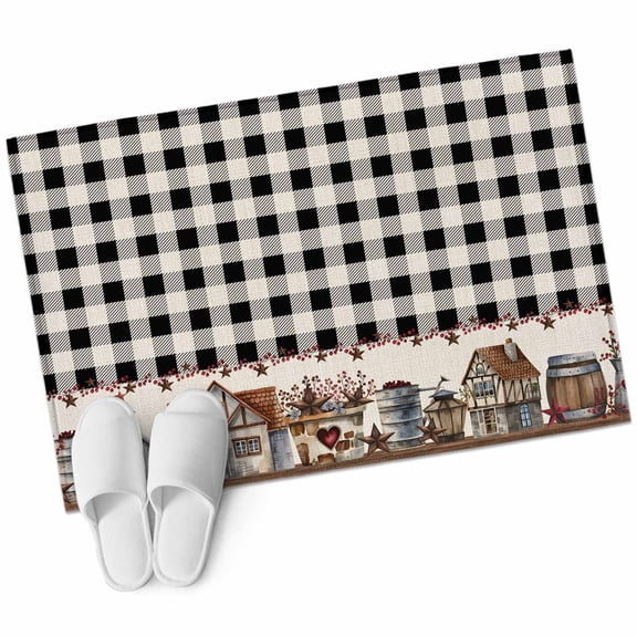 Rectangle Area Rug 2x3ft, Farm Wooden House Black Buffalo Plaid Non-Slip Non-Shedding Floor Mat, Western Star Washable Sturdy Carpet for Living Room Bedroom Home Decor