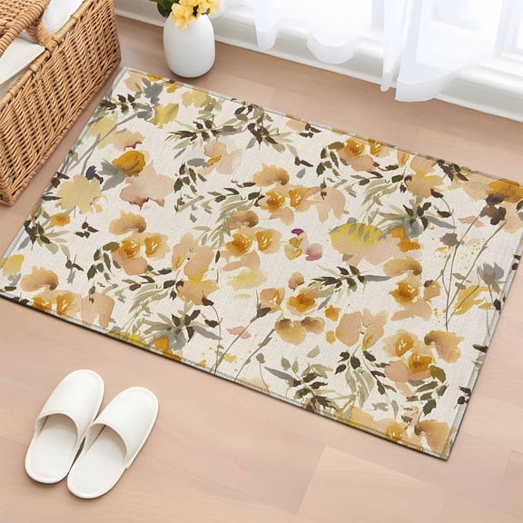 Rectangle Area Rug 2x3ft,Farmhouse Abstract Wildflower Washable Carpet Non-Slip Runner Accent Rugs Indoor Floor Mat for Bedroom Living Room Decor,Retro Watercolor Yellow Floral