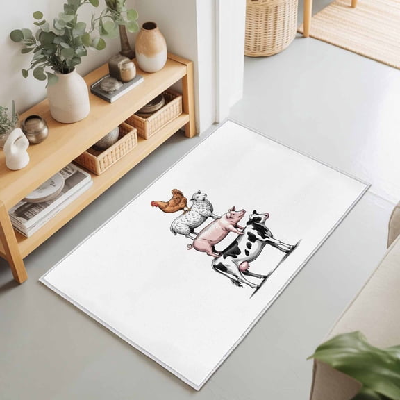 Rectangle Area Rug 2x3ft,Farmhouse Animal Print Pig Cow Chicken Living Room Rug Non-Slip Washable Circle Rugs Pad,Country Sheep on White Soft Floor Carpet for Bedroom Dining Room