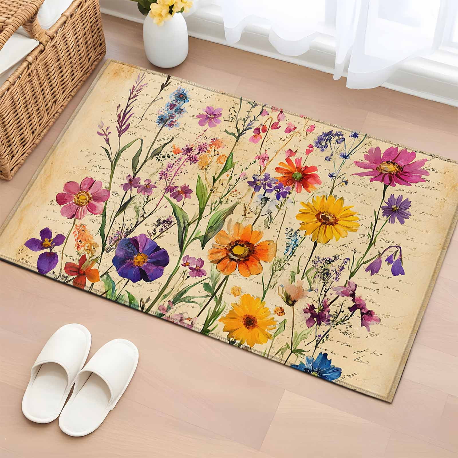 Rectangle Area Rug 2x3ft, Farmhouse Colorful Small Flower Non-Shedding ...