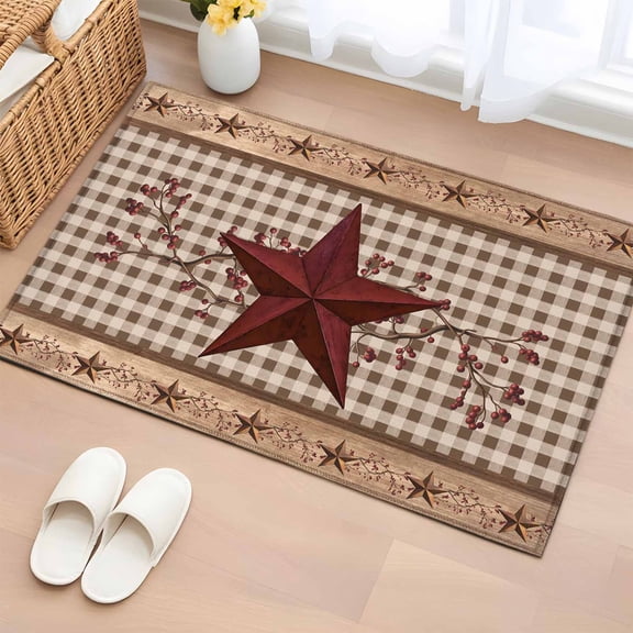 Rectangle Area Rug 2x3ft, Farmhouse Country Star Berry Non-Slip Non-Shedding Floor Mat, Retro Wood Board Buffalo Plaid Washable Sturdy Carpet for Living Room Bedroom Home Decor
