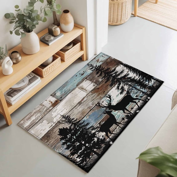 Rectangle Area Rug 2x3ft,Farmhouse Deer Pine Tree Living Room Rug Non-Slip Washable Circle Rugs Pad,Forest Animal Print Plant Retro Wood Plank Soft Floor Carpet for Bedroom Dining Room