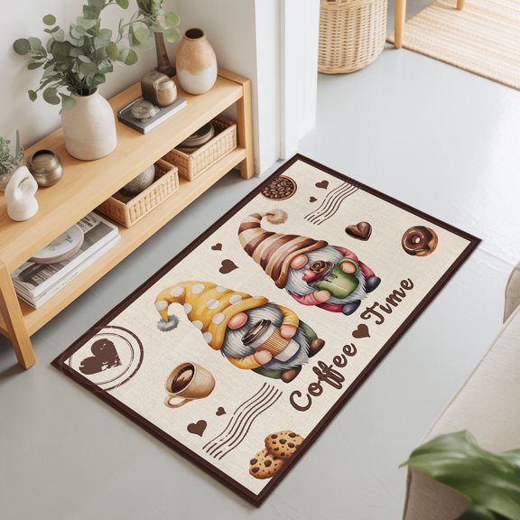Rectangle Area Rug 2x3ft,Farmhouse Gnomes Living Room Rug Non-Slip Washable Circle Rugs Pad,Coffee Time Words on Linen Soft Floor Carpet for Bedroom Dining Room