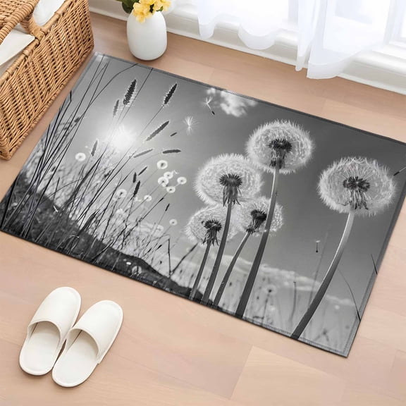 Rectangle Area Rug 2x3ft, Farmhouse Grey Field Dandelion Rural Plant Non-Shedding Washable Area Rug, Idyllic Botanical Non Slip Low-Profile Rugs for Living Room, Bedroom Dining Room