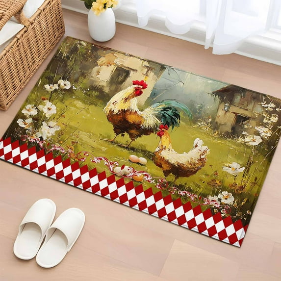 Rectangle Area Rug 2x3ft, Farmhouse Hens Rooster Floral Non-Shedding Washable Area Rug, Vintage Animal Red Lattice Non Slip Low-Profile Rugs for Living Room, Bedroom Dining Room