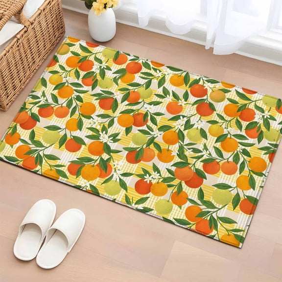 Rectangle Area Rug 2x3ft,Farmhouse Orange Leaves Floral Washable Carpet Non-Slip Runner Accent Rugs Indoor Floor Mat for Bedroom Living Room Decor,Yellow White Tartan