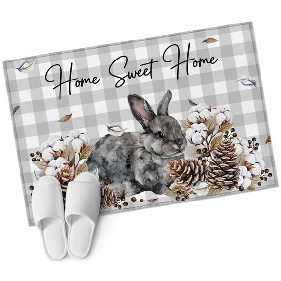 Rectangle Area Rug 2x3ft, Farmhouse Rabbit Pine Cone Non-Slip Non-Shedding Floor Mat, Sweet Home Text Gray Checkered Washable Sturdy Carpet for Living Room Bedroom Home Decor