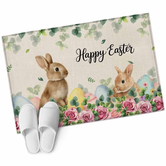 Rectangle Area Rug 2x3ft, Farmhouse Rabbit Retro Linen Non-Slip Non-Shedding Floor Mat, Easter Green Leaf Spring Flower Washable Sturdy Carpet for Living Room Bedroom Home Decor