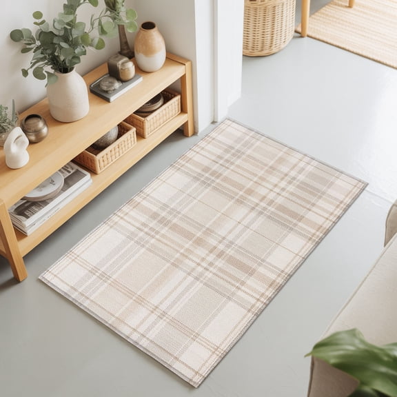 Rectangle Area Rug 2x3ft,Farmhouse Tartan Beige Plaid Washable Carpet Non-Slip Runner Accent Rugs Indoor Floor Mat for Bedroom Living Room Decor,Modern Minimalist Art