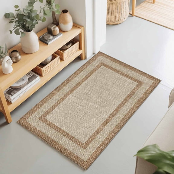 Rectangle Area Rug 2x3ft,Farmhouse Vintage Linen Washable Carpet Non-Slip Runner Accent Rugs Indoor Floor Mat for Bedroom Living Room Decor,Retro Tan Linen Texture