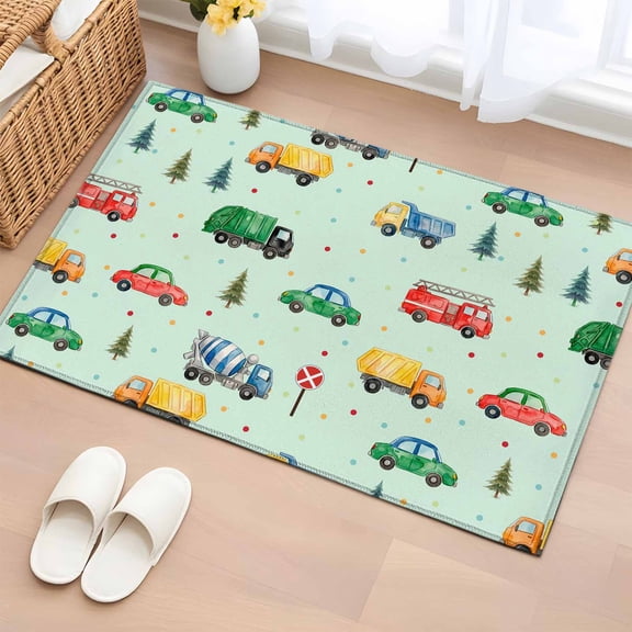 Rectangle Area Rug 2x3ft, Fire Trucks Engineering Vehicles Trees Cars Non-Slip Non-Shedding Floor Mat, Wave Points Washable Sturdy Carpet for Living Room Bedroom Home Decor