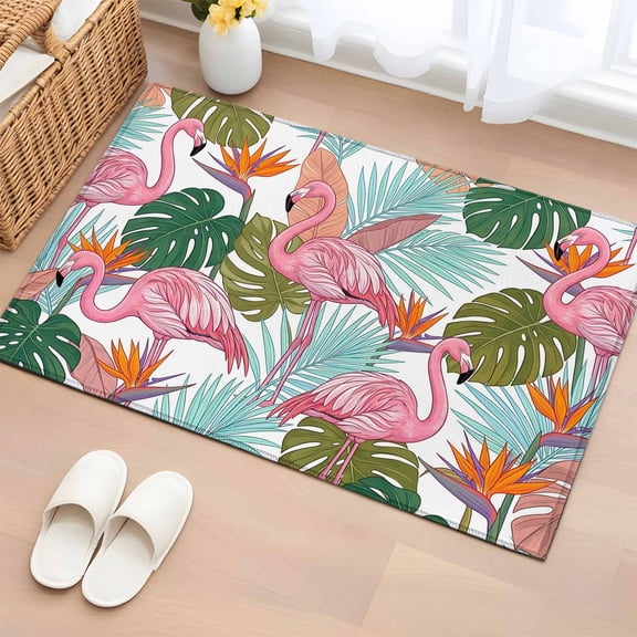Rectangle Area Rug 2x3ft, Flamingo Summer Tropical Leaf Non-Slip Non-Shedding Floor Mat, Colorful Leaves Monstera Washable Sturdy Carpet for Living Room Bedroom Home Decor