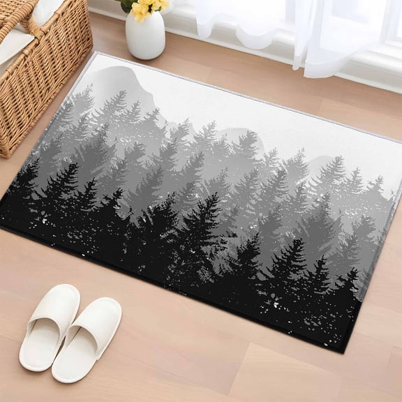 Rectangle Area Rug 2x3ft, Foggy Forest Gradient Black Shadow Non-Shedding Washable Area Rug, Misty Trees Abstract Art Non Slip Low-Profile Rugs for Living Room, Bedroom Dining Room