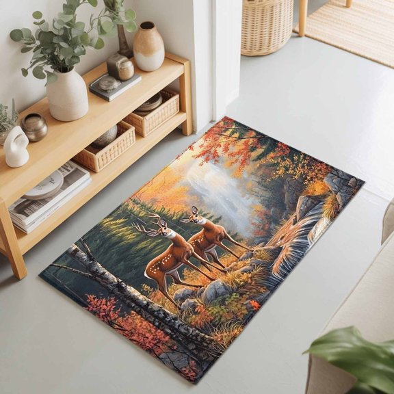Rectangle Area Rug 2x3ft,Forest Deer River Landscape Washable Carpet Non-Slip Runner Accent Rugs Indoor Floor Mat for Bedroom Living Room Decor,Nature Waterfall Scenery