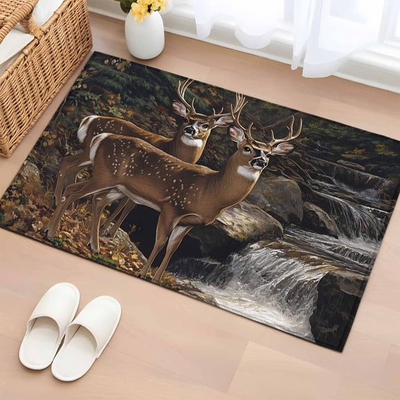 Rectangle Area Rug 2x3ft, Forest Deer Tree Leaf Non-Slip Non-Shedding Floor Mat, Rock River Animal Natural Scenery Washable Sturdy Carpet for Living Room Bedroom Home Decor