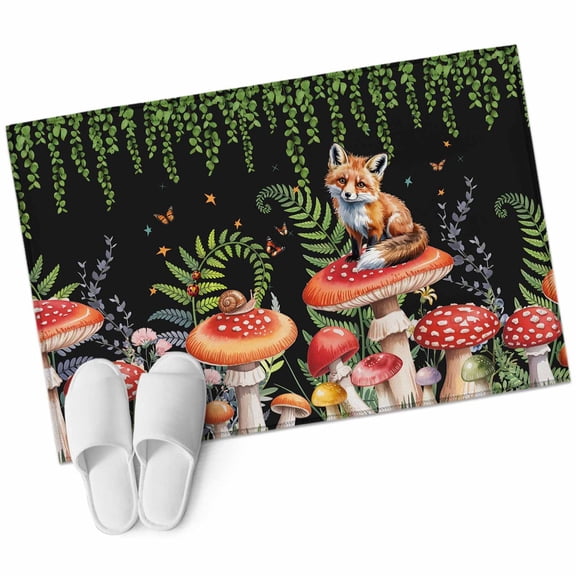 Rectangle Area Rug 2x3ft, Fox on Mushroom Non-Slip Non-Shedding Floor Mat, Country Eucalyptus Leaf on Black Washable Sturdy Carpet for Living Room Bedroom Home Decor