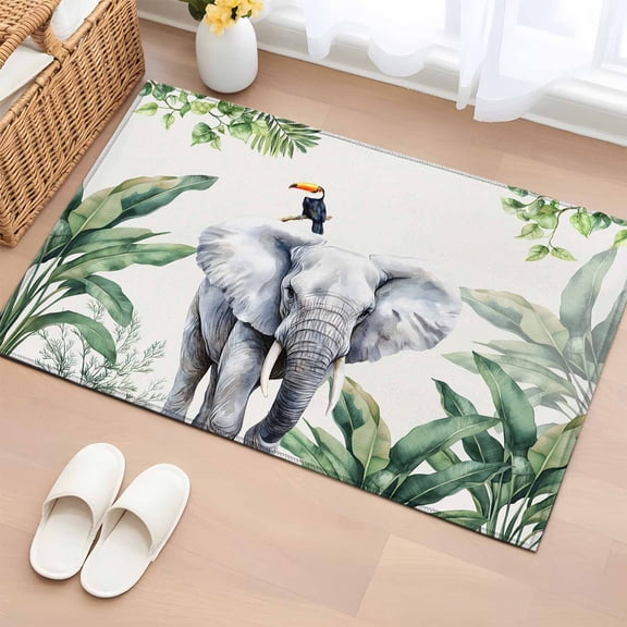 Rectangle Area Rug 2x3ft, Fun Elephant Tropical Palm Leaf Non-Slip Non-Shedding Floor Mat, Green Jungle Bird Washable Sturdy Carpet for Living Room Bedroom Home Decor
