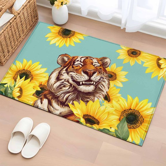 Rectangle Area Rug 2x3ft, Funny Animal Tigers Non-Shedding Washable Area Rug, Farm Sunflowers Non Slip Low-Profile Rugs for Living Room, Bedroom Dining Room