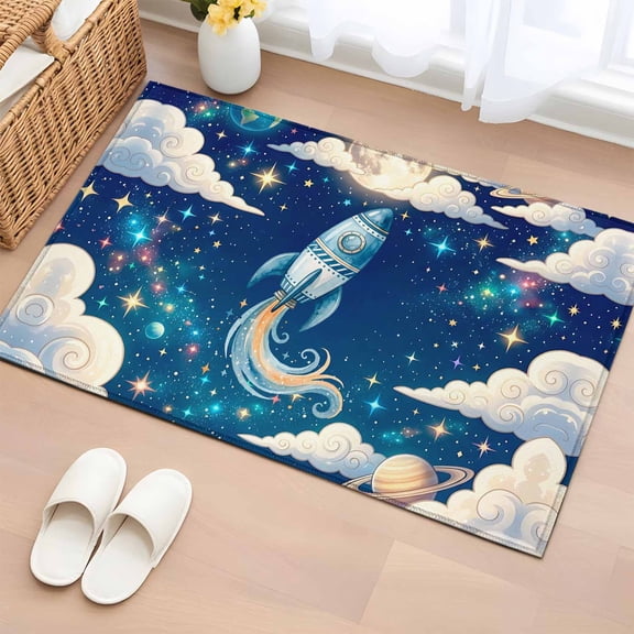 Rectangle Area Rug 2x3ft, Galaxy Stars Moon Planets Non-Slip Non-Shedding Floor Mat, Cloud Dream Sky Rocket Washable Sturdy Carpet for Living Room Bedroom Home Decor