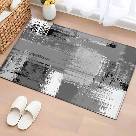 Rectangle Area Rug 2x3ft,Geometric Abstraction Paint Brush Washable Carpet Non-Slip Runner Accent Rugs Indoor Floor Mat for Bedroom Living Room Decor,Grey White Black