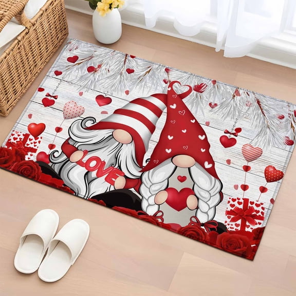 Rectangle Area Rug 2x3ft, Gnomes Lover Red Rose Love Hearts Fir Leaf Non-Shedding Washable Area Rug, Valentine's Day Non Slip Low-Profile Rugs for Living Room, Bedroom Dining Room