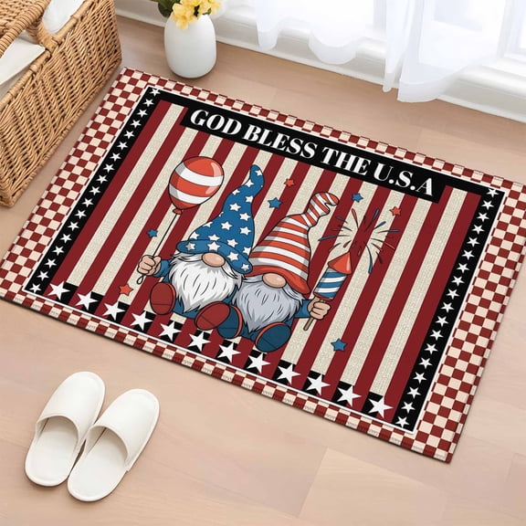 Rectangle Area Rug 2x3ft,God Bless America Words Washable Carpet Non-Slip Runner Accent Rugs Indoor Floor Mat for Bedroom Living Room Decor,Red White Striped Gnomes
