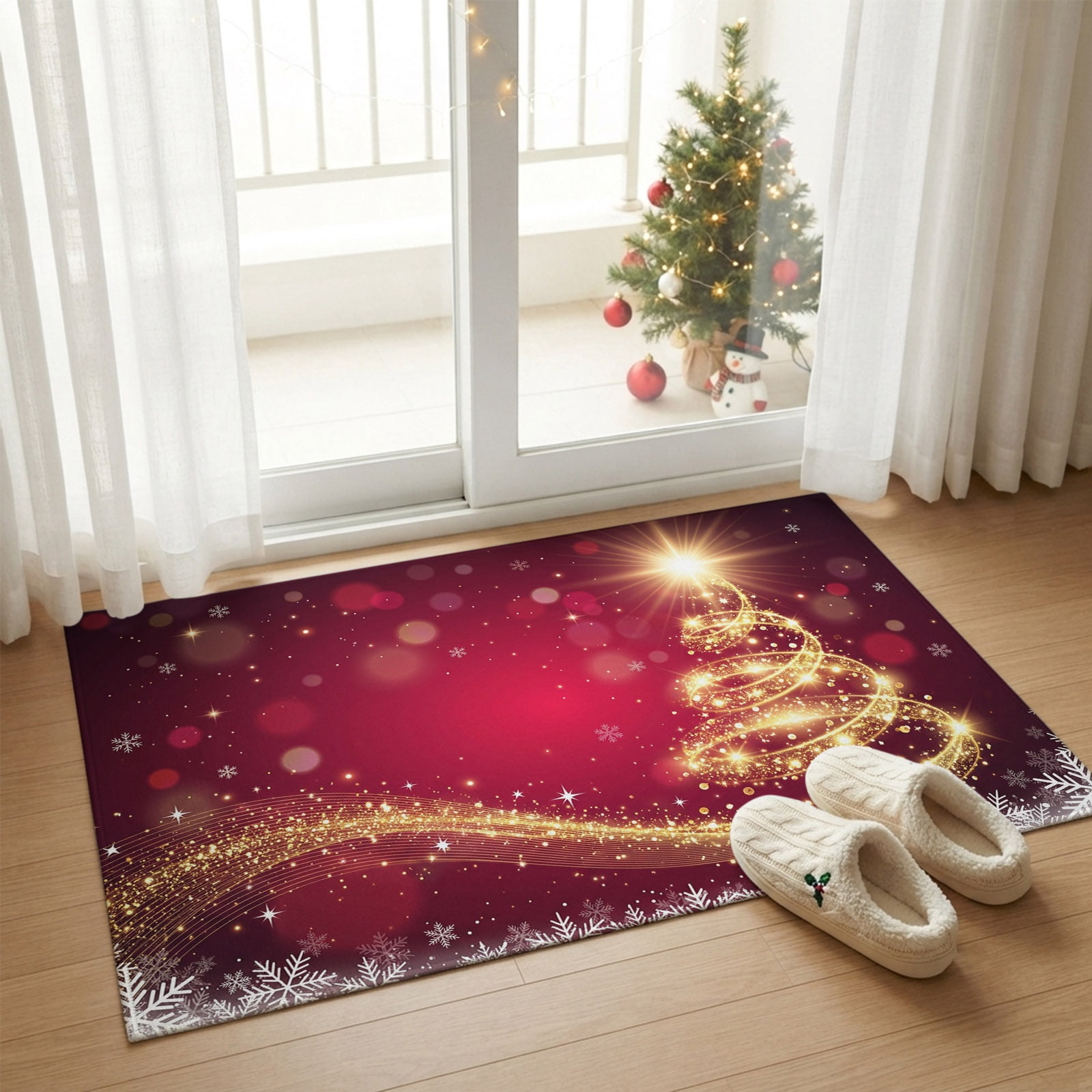 Rectangle Area Rug 2x3ft,Gold Christmas Tree Burgundy Red Washable ...