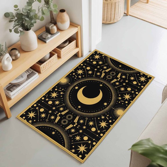 Rectangle Area Rug 2x3ft,Gold Yellow Moon Star Washable Carpet Non-Slip Runner Accent Rugs Indoor Floor Mat for Bedroom Living Room Decor,Starry Night Polka Dot on Black