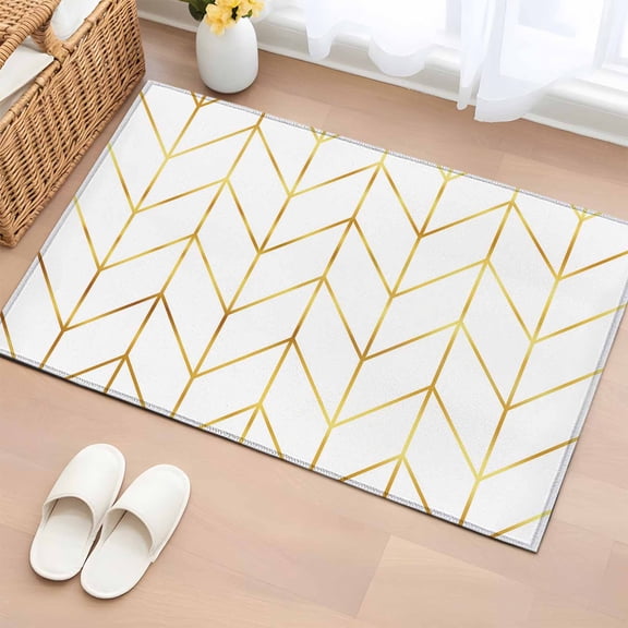 Rectangle Area Rug 2x3ft,Golden Lines Chevron Washable Carpet Non-Slip Runner Accent Rugs Indoor Floor Mat for Bedroom Living Room Decor,Abstract Herringbone on White