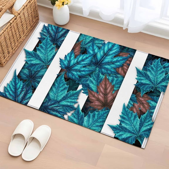 Rectangle Area Rug 2x3ft, Gradient Blue Maple Leaves Non-Slip Non-Shedding Floor Mat, Simple Stripes Art Washable Sturdy Carpet for Living Room Bedroom Home Decor