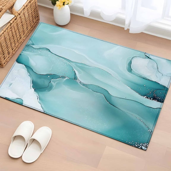 Rectangle Area Rug 2x3ft, Gradient Teal Marble Texture Non-Shedding Washable Area Rug, Modern Watercolor Wave Non Slip Low-Profile Rugs for Living Room, Bedroom Dining Room