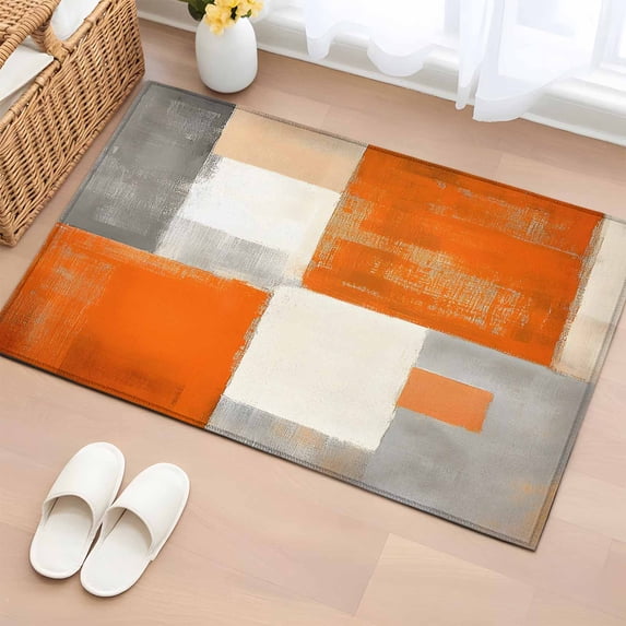 Rectangle Area Rug 2x3ft, Gray Orange Color Block Non-Slip Non-Shedding Floor Mat, Watercolor Oil Painting Art Washable Sturdy Carpet for Living Room Bedroom Home Decor