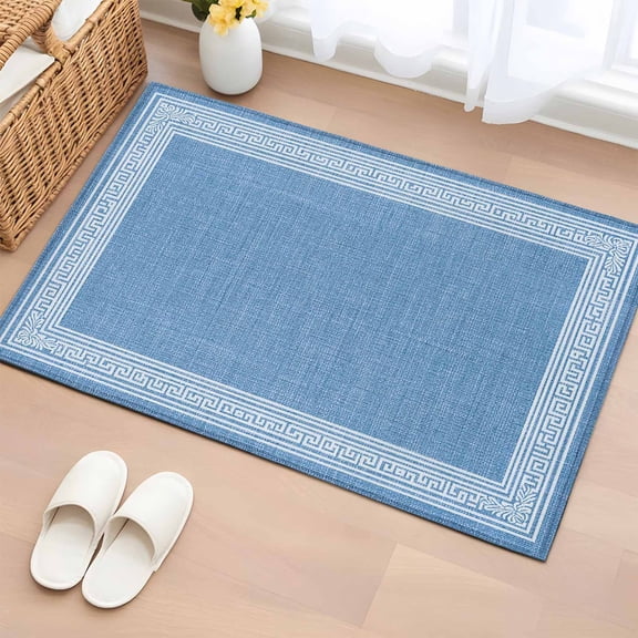 Rectangle Area Rug 2x3ft,Greece Sky Blue Key Design Washable Carpet Non-Slip Runner Accent Rugs Indoor Floor Mat for Bedroom Living Room Decor,Farm Linen Geometric Art