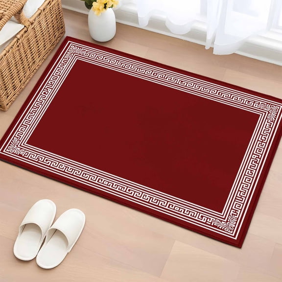 Rectangle Area Rug 2x3ft, Greek Abstract Inspired Key Pattern Non-Slip Non-Shedding Floor Mat, Geometric Twist Line on Red Washable Sturdy Carpet for Living Room Bedroom Home Decor