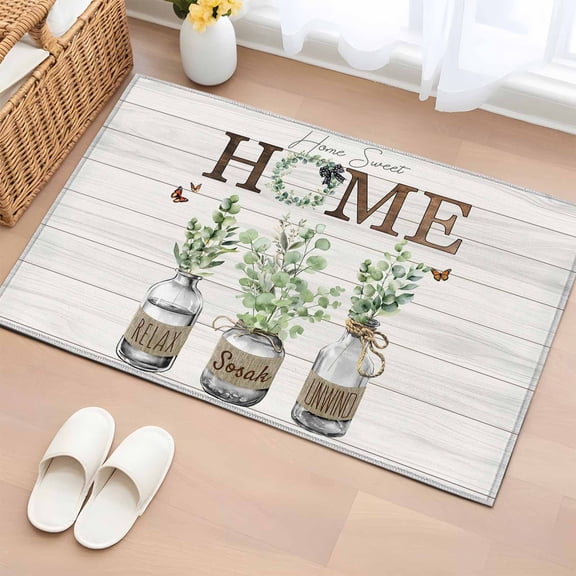 Rectangle Area Rug 2x3ft,Green Eucalyptus Leaf Home Quote Washable Carpet Non-Slip Runner Accent Rugs Indoor Floor Mat for Bedroom Living Room Decor,Farm White Wood Board