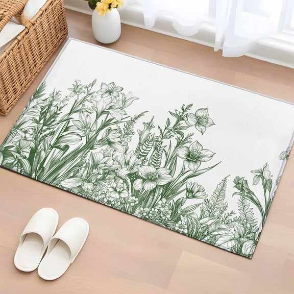 Rectangle Area Rug 2x3ft, Green Flowers Iris Lavender Leaves Non-Shedding Washable Area Rug, Spring Botanical Non Slip Low-Profile Rugs for Living Room, Bedroom Dining Room