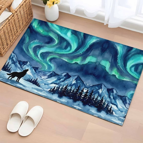 Rectangle Area Rug 2x3ft, Green Lights Wolf Non-Shedding Washable Area Rug, Watercolor Mountain Background Non Slip Low-Profile Rugs for Living Room, Bedroom Dining Room