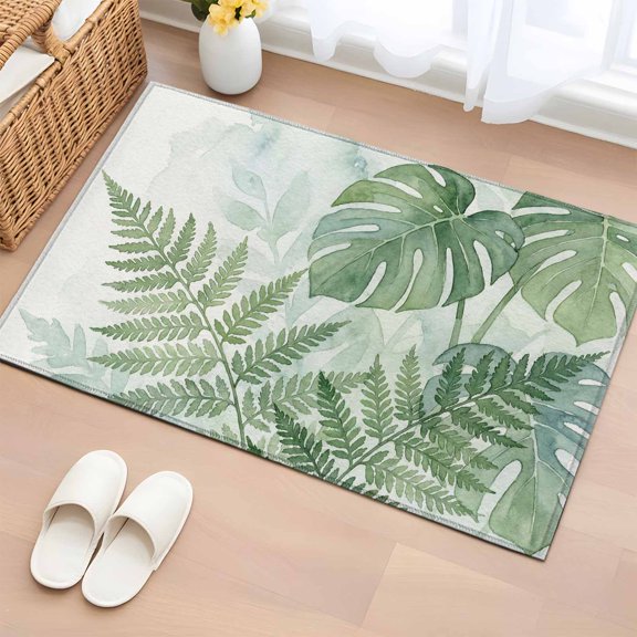 Rectangle Area Rug 2x3ft, Green Palm Leaves Tropical Plants Non-Slip Non-Shedding Floor Mat, Retro Ferns Leaf Washable Sturdy Carpet for Living Room Bedroom Home Decor