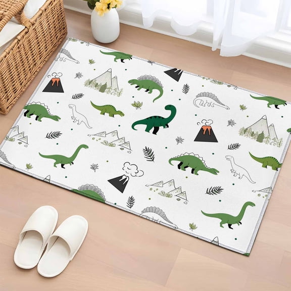 Rectangle Area Rug 2x3ft,Green White Dinosaurs Mountain Washable Carpet Non-Slip Runner Accent Rugs Indoor Floor Mat for Bedroom Living Room Decor,Cartoon Style Leaves Plant
