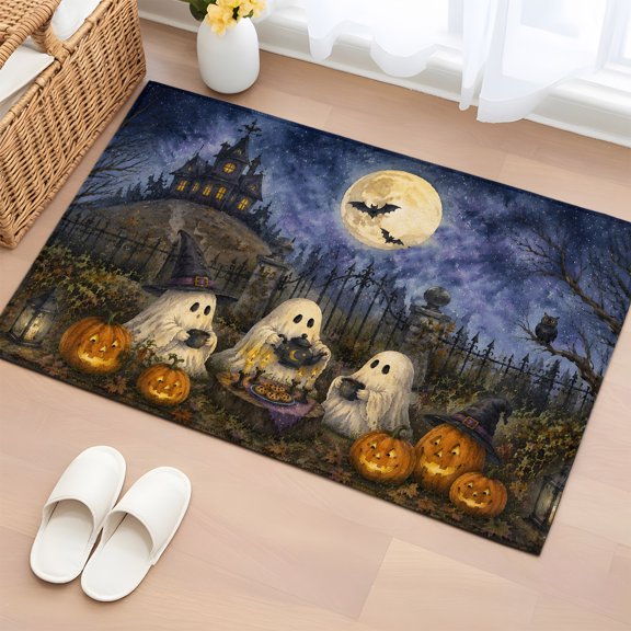 Rectangle Area Rug 2x3ft, Halloween Night Ghost Pumpkin Non-Slip Non-Shedding Floor Mat, Haunted Castle Full Moon Washable Sturdy Carpet for Living Room Bedroom Home Decor