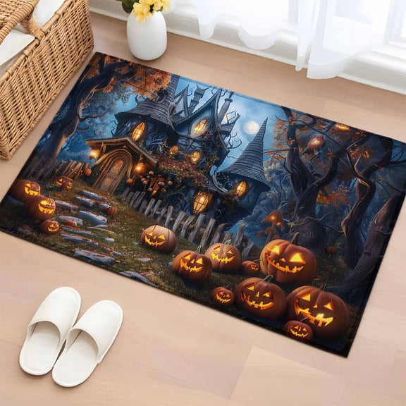 Rectangle Area Rug 2x3ft, Halloween Night Horror Castle Moon Forest Non-Slip Non-Shedding Floor Mat, Scary Pumpkin Ghost Washable Sturdy Carpet for Living Room Bedroom Home Decor