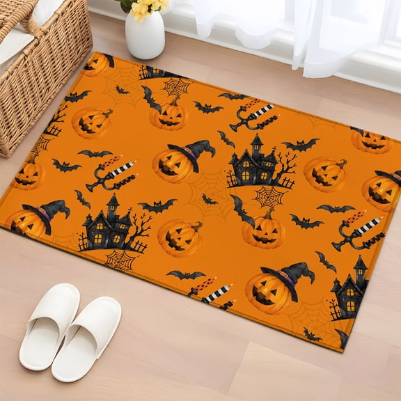 Rectangle Area Rug 2x3ft, Halloween Orange Pumpkin Seamless Non-Slip Non-Shedding Floor Mat, Haunted Castle Spooky Bat Washable Sturdy Carpet for Living Room Bedroom Home Decor
