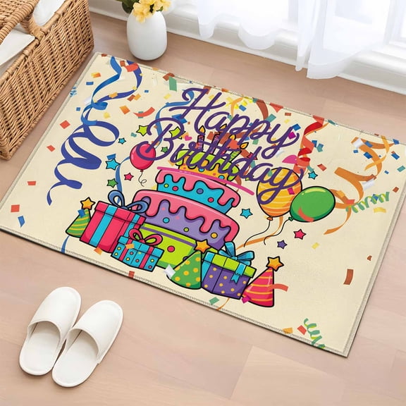 Rectangle Area Rug 2x3ft,Happy Birthday Words Washable Carpet Non-Slip Runner Accent Rugs Indoor Floor Mat for Bedroom Living Room Decor,Cake Balloon Ribbon