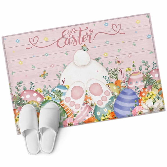 Rectangle Area Rug 2x3ft, Happy Easter Bunny Tail Eggs Non-Slip Non-Shedding Floor Mat, Spring Flower Pink Wood Plank Washable Sturdy Carpet for Living Room Bedroom Home Decor