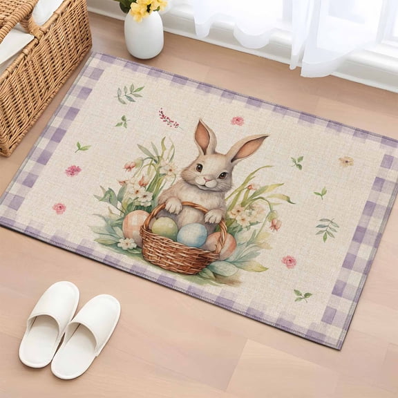 Rectangle Area Rug 2x3ft, Happy Easter Cute Bunny Egg Non-Shedding Washable Area Rug, Spring Floral Purple Grid on Flax Non Slip Low-Profile Rugs for Living Room, Bedroom Dining Room