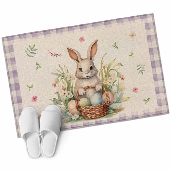 Rectangle Area Rug 2x3ft, Happy Easter Cute Bunny Egg Non-Slip Non-Shedding Floor Mat, Spring Floral Purple Grid on Flax Washable Sturdy Carpet for Living Room Bedroom Home Decor