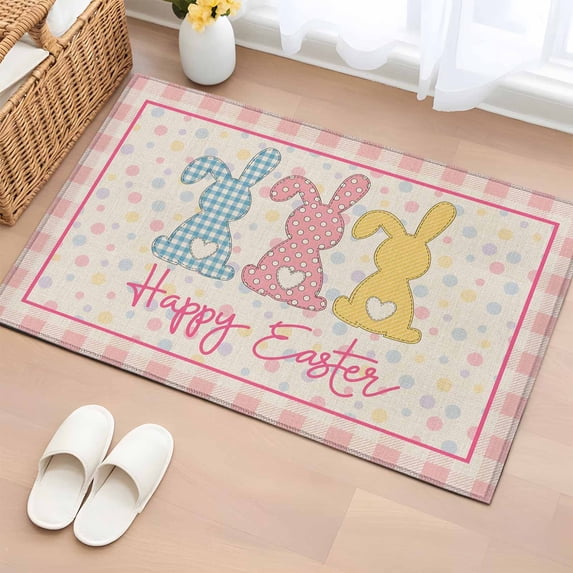 Rectangle Area Rug 2x3ft, Happy Easter Cute Rabbit Heart Non-Shedding Washable Area Rug, Pink Plaid Polka Dot on Burlap Non Slip Low-Profile Rugs for Living Room, Bedroom Dining Room
